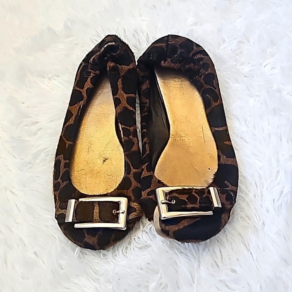 Ann Taylor Leopard-Print Ballet Flats with Gold Buckle Detail